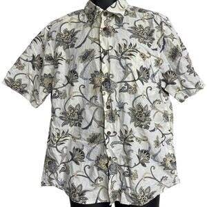 Axis Button Up Shirt Men Size L Beige Floral Short Sleeves 100% Cotton Pocket